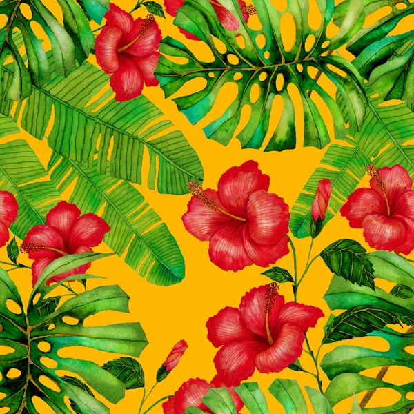 Moderno Modello Astratto Senza Cuciture Con Foglie Tropicali Acquerello Fiori — Foto Stock