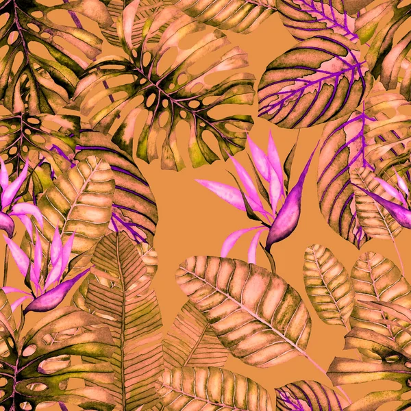 Padrão Abstrato Sem Costura Moderna Com Aquarela Folhas Tropicais Flores — Fotografia de Stock