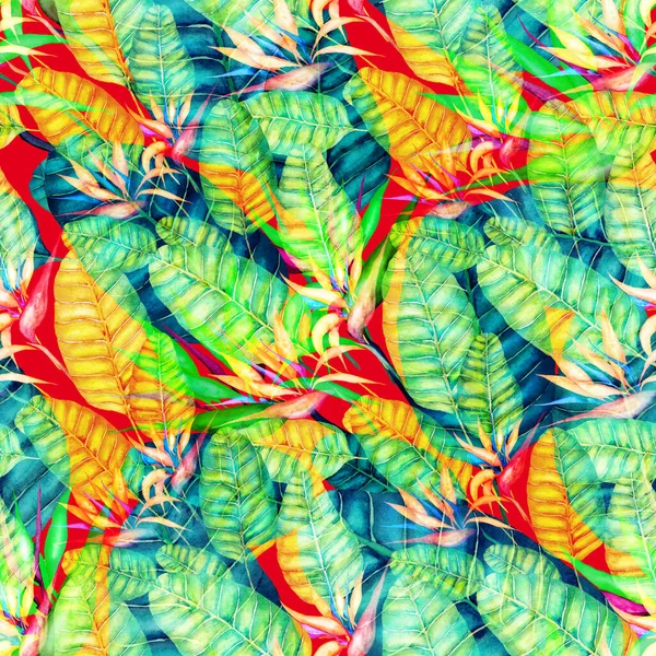 Modern Abstract Seamless Pattern Watercolor Tropical Leaves Flowers Textile Design — Stock Photo, Image