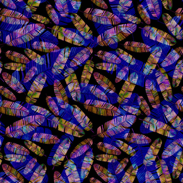 Modern abstract seamless pattern with watercolor tropical leaves and flowers for textile design. Retro bright summer background. Jungle foliage illustration. Swimwear botanical design. Vintage exotic print.