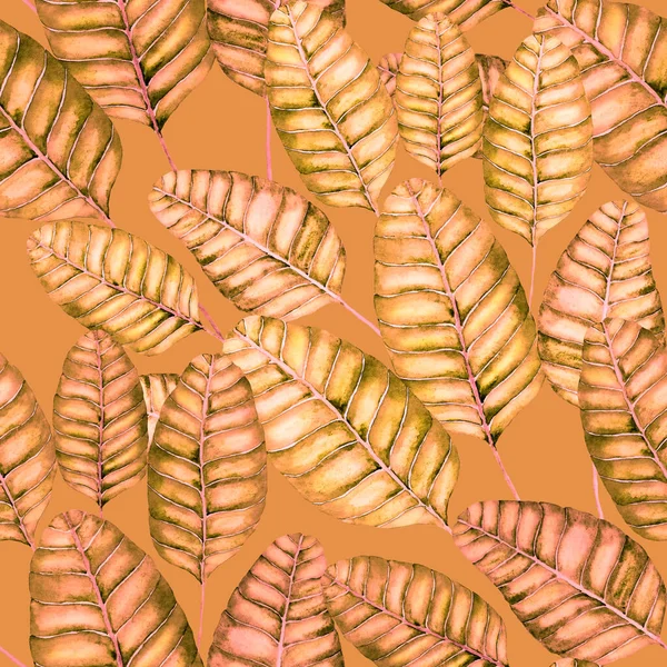 Tekstil tasarımı için suluboya tropikal yaprakları ve çiçekleri olan modern, soyut, dikişsiz desen. Geçmişe dönük parlak yaz geçmişi. Orman yaprakları çizimi. Mayo botanik tasarımı. Antika egzotik baskı.