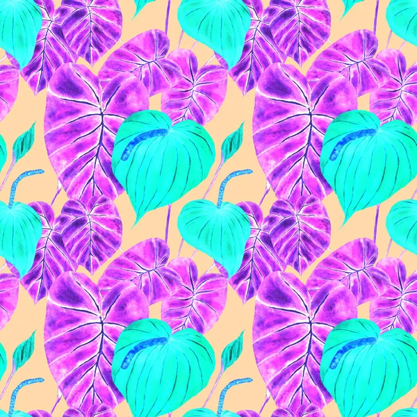 Modern Abstract Seamless Pattern Watercolor Tropical Leaves Flowers Textile Design — Stock Photo, Image