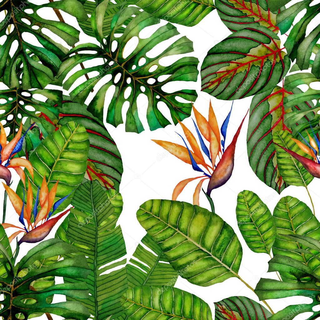 Modern abstract seamless pattern with watercolor tropical leaves and flowers for textile design. Retro bright summer background. Jungle foliage illustration. Swimwear botanical design. Vintage exotic print.
