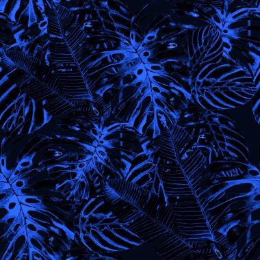 Tekstil tasarımı için suluboya tropikal yaprakları ve çiçekleri olan modern, soyut, dikişsiz desen. Geçmişe dönük parlak yaz geçmişi. Orman yaprakları çizimi. Mayo botanik tasarımı. Antika egzotik baskı.