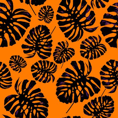 Tekstil tasarımı için suluboya tropikal yaprakları ve çiçekleri olan modern, soyut, dikişsiz desen. Geçmişe dönük parlak yaz geçmişi. Orman yaprakları çizimi. Mayo botanik tasarımı. Antika egzotik baskı.