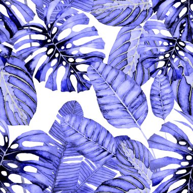 Tekstil tasarımı için suluboya tropikal yaprakları ve çiçekleri olan modern, soyut, dikişsiz desen. Geçmişe dönük parlak yaz geçmişi. Orman yaprakları çizimi. Mayo botanik tasarımı. Antika egzotik baskı.