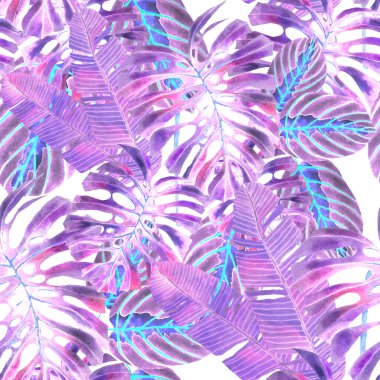 Tekstil tasarımı için suluboya tropikal yaprakları ve çiçekleri olan modern, soyut, dikişsiz desen. Geçmişe dönük parlak yaz geçmişi. Orman yaprakları çizimi. Mayo botanik tasarımı. Antika egzotik baskı.