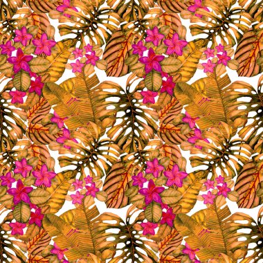 Tekstil tasarımı için suluboya tropikal yaprakları ve çiçekleri olan modern, soyut, dikişsiz desen. Geçmişe dönük parlak yaz geçmişi. Orman yaprakları çizimi. Mayo botanik tasarımı. Antika egzotik baskı.