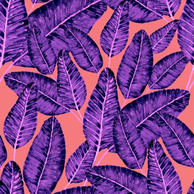 Tekstil tasarımı için suluboya tropikal yaprakları ve çiçekleri olan modern, soyut, dikişsiz desen. Geçmişe dönük parlak yaz geçmişi. Orman yaprakları çizimi. Mayo botanik tasarımı. Antika egzotik baskı.