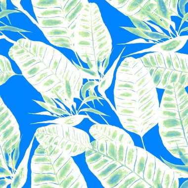 Tekstil tasarımı için suluboya tropikal yaprakları ve çiçekleri olan modern, soyut, dikişsiz desen. Geçmişe dönük parlak yaz geçmişi. Orman yaprakları çizimi. Mayo botanik tasarımı. Antika egzotik baskı.