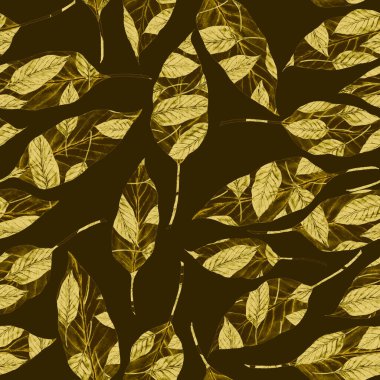 Tekstil tasarımı için suluboya tropikal yaprakları ve çiçekleri olan modern, soyut, dikişsiz desen. Geçmişe dönük parlak yaz geçmişi. Orman yaprakları çizimi. Mayo botanik tasarımı. Antika egzotik baskı.