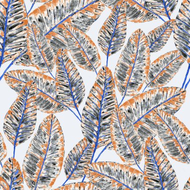 Tekstil tasarımı için suluboya tropikal yaprakları ve çiçekleri olan modern, soyut, dikişsiz desen. Geçmişe dönük parlak yaz geçmişi. Orman yaprakları çizimi. Mayo botanik tasarımı. Antika egzotik baskı.