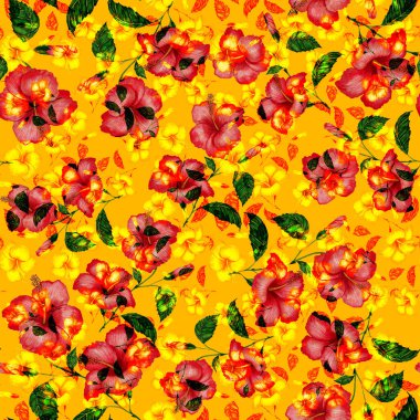 Tekstil tasarımı için suluboya tropikal yaprakları ve çiçekleri olan modern, soyut, dikişsiz desen. Geçmişe dönük parlak yaz geçmişi. Orman yaprakları çizimi. Mayo botanik tasarımı. Antika egzotik baskı.