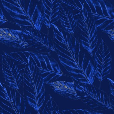 Tekstil tasarımı için suluboya tropikal yaprakları ve çiçekleri olan modern, soyut, dikişsiz desen. Geçmişe dönük parlak yaz geçmişi. Orman yaprakları çizimi. Mayo botanik tasarımı. Antika egzotik baskı.