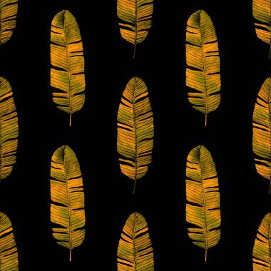 Tekstil tasarımı için suluboya tropikal yaprakları ve çiçekleri olan modern, soyut, dikişsiz desen. Geçmişe dönük parlak yaz geçmişi. Orman yaprakları çizimi. Mayo botanik tasarımı. Antika egzotik baskı.