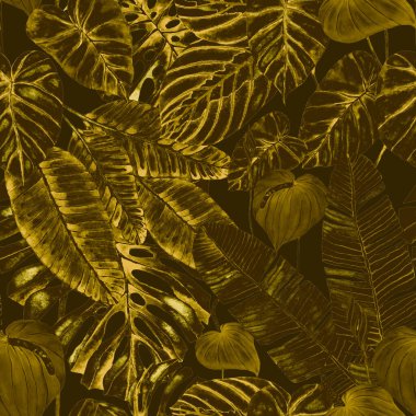 Tekstil tasarımı için suluboya tropikal yaprakları ve çiçekleri olan modern, soyut, dikişsiz desen. Geçmişe dönük parlak yaz geçmişi. Orman yaprakları çizimi. Mayo botanik tasarımı. Antika egzotik baskı.