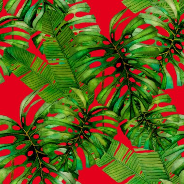 Tekstil tasarımı için suluboya tropikal yaprakları ve çiçekleri olan modern, soyut, dikişsiz desen. Geçmişe dönük parlak yaz geçmişi. Orman yaprakları çizimi. Mayo botanik tasarımı. Antika egzotik baskı.