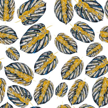 Tekstil tasarımı için suluboya tropikal yaprakları ve çiçekleri olan modern, soyut, dikişsiz desen. Geçmişe dönük parlak yaz geçmişi. Orman yaprakları çizimi. Mayo botanik tasarımı. Antika egzotik baskı.