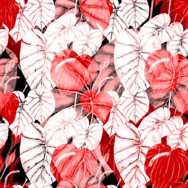 Tekstil tasarımı için suluboya tropikal yaprakları ve çiçekleri olan modern, soyut, dikişsiz desen. Geçmişe dönük parlak yaz geçmişi. Orman yaprakları çizimi. Mayo botanik tasarımı. Antika egzotik baskı.