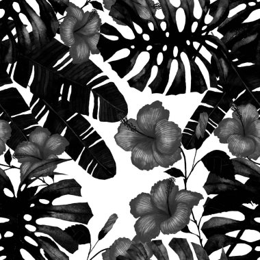 Tekstil tasarımı için suluboya tropikal yaprakları ve çiçekleri olan modern, soyut, dikişsiz desen. Geçmişe dönük parlak yaz geçmişi. Orman yaprakları çizimi. Mayo botanik tasarımı. Antika egzotik baskı.