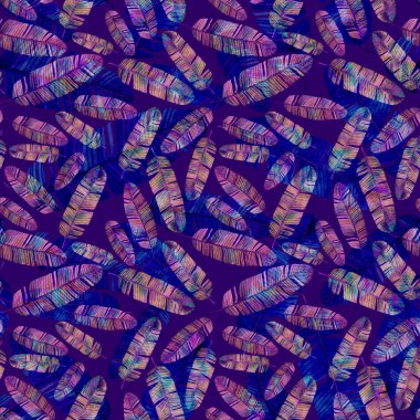 Tekstil tasarımı için suluboya tropikal yaprakları ve çiçekleri olan modern, soyut, dikişsiz desen. Geçmişe dönük parlak yaz geçmişi. Orman yaprakları çizimi. Mayo botanik tasarımı. Antika egzotik baskı.