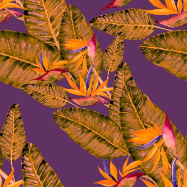 Tekstil tasarımı için suluboya tropikal yaprakları ve çiçekleri olan modern, soyut, dikişsiz desen. Geçmişe dönük parlak yaz geçmişi. Orman yaprakları çizimi. Mayo botanik tasarımı. Antika egzotik baskı.