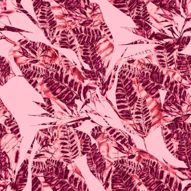 Tekstil tasarımı için suluboya tropikal yaprakları ve çiçekleri olan modern, soyut, dikişsiz desen. Geçmişe dönük parlak yaz geçmişi. Orman yaprakları çizimi. Mayo botanik tasarımı. Antika egzotik baskı.