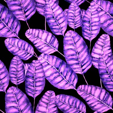 Tekstil tasarımı için suluboya tropikal yaprakları ve çiçekleri olan modern, soyut, dikişsiz desen. Geçmişe dönük parlak yaz geçmişi. Orman yaprakları çizimi. Mayo botanik tasarımı. Antika egzotik baskı.