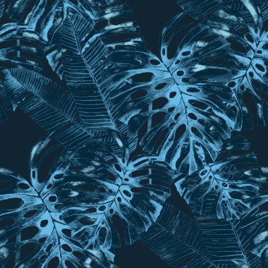 Tekstil tasarımı için suluboya tropikal yaprakları ve çiçekleri olan modern, soyut, dikişsiz desen. Geçmişe dönük parlak yaz geçmişi. Orman yaprakları çizimi. Mayo botanik tasarımı. Antika egzotik baskı.