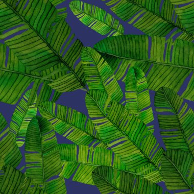Tekstil tasarımı için suluboya tropikal yaprakları ve çiçekleri olan modern, soyut, dikişsiz desen. Geçmişe dönük parlak yaz geçmişi. Orman yaprakları çizimi. Mayo botanik tasarımı. Antika egzotik baskı.