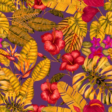 Tekstil tasarımı için suluboya tropikal yaprakları ve çiçekleri olan modern, soyut, dikişsiz desen. Geçmişe dönük parlak yaz geçmişi. Orman yaprakları çizimi. Mayo botanik tasarımı. Antika egzotik baskı.