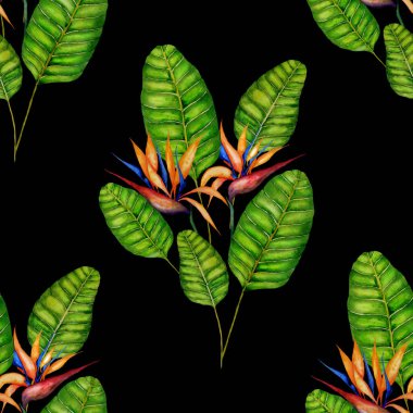 Tekstil tasarımı için suluboya tropikal yaprakları ve çiçekleri olan modern, soyut, dikişsiz desen. Geçmişe dönük parlak yaz geçmişi. Orman yaprakları çizimi. Mayo botanik tasarımı. Antika egzotik baskı.