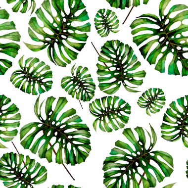 Tekstil tasarımı için suluboya tropikal yaprakları ve çiçekleri olan modern, soyut, dikişsiz desen. Geçmişe dönük parlak yaz geçmişi. Orman yaprakları çizimi. Mayo botanik tasarımı. Antika egzotik baskı.