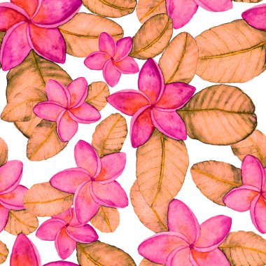 Tekstil tasarımı için suluboya tropikal yaprakları ve çiçekleri olan modern, soyut, dikişsiz desen. Geçmişe dönük parlak yaz geçmişi. Orman yaprakları çizimi. Mayo botanik tasarımı. Antika egzotik baskı.