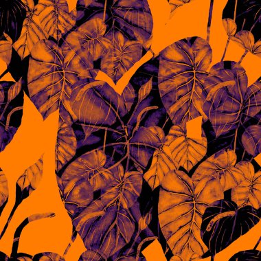 Tekstil tasarımı için suluboya tropikal yaprakları ve çiçekleri olan modern, soyut, dikişsiz desen. Geçmişe dönük parlak yaz geçmişi. Orman yaprakları çizimi. Mayo botanik tasarımı. Antika egzotik baskı.
