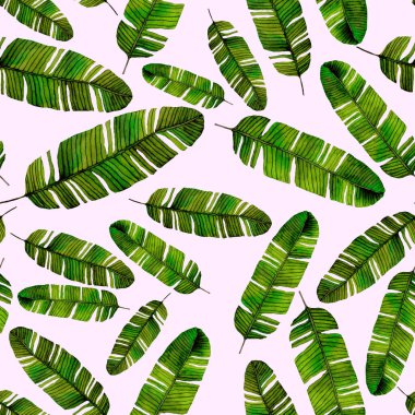Tekstil tasarımı için suluboya tropikal yaprakları ve çiçekleri olan modern, soyut, dikişsiz desen. Geçmişe dönük parlak yaz geçmişi. Orman yaprakları çizimi. Mayo botanik tasarımı. Antika egzotik baskı.