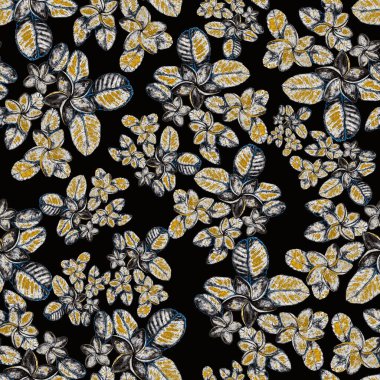 Tekstil tasarımı için suluboya tropikal yaprakları ve çiçekleri olan modern, soyut, dikişsiz desen. Geçmişe dönük parlak yaz geçmişi. Orman yaprakları çizimi. Mayo botanik tasarımı. Antika egzotik baskı.