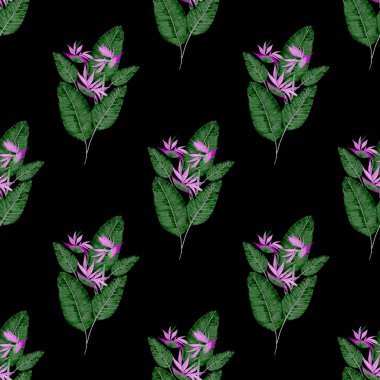 Tekstil tasarımı için suluboya tropikal yaprakları ve çiçekleri olan modern, soyut, dikişsiz desen. Geçmişe dönük parlak yaz geçmişi. Orman yaprakları çizimi. Mayo botanik tasarımı. Antika egzotik baskı.