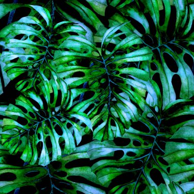 Tekstil tasarımı için suluboya tropikal yaprakları ve çiçekleri olan modern, soyut, dikişsiz desen. Geçmişe dönük parlak yaz geçmişi. Orman yaprakları çizimi. Mayo botanik tasarımı. Antika egzotik baskı.