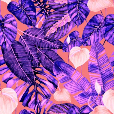 Tekstil tasarımı için suluboya tropikal yaprakları ve çiçekleri olan modern, soyut, dikişsiz desen. Geçmişe dönük parlak yaz geçmişi. Orman yaprakları çizimi. Mayo botanik tasarımı. Antika egzotik baskı.