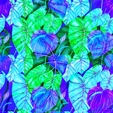 Tekstil tasarımı için suluboya tropikal yaprakları ve çiçekleri olan modern, soyut, dikişsiz desen. Geçmişe dönük parlak yaz geçmişi. Orman yaprakları çizimi. Mayo botanik tasarımı. Antika egzotik baskı.