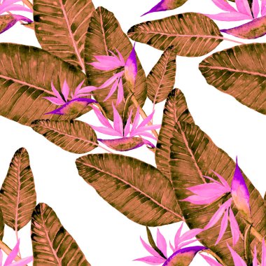 Tekstil tasarımı için suluboya tropikal yaprakları ve çiçekleri olan modern, soyut, dikişsiz desen. Geçmişe dönük parlak yaz geçmişi. Orman yaprakları çizimi. Mayo botanik tasarımı. Antika egzotik baskı.