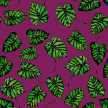 Tekstil tasarımı için suluboya tropikal yaprakları ve çiçekleri olan modern, soyut, dikişsiz desen. Geçmişe dönük parlak yaz geçmişi. Orman yaprakları çizimi. Mayo botanik tasarımı. Antika egzotik baskı.