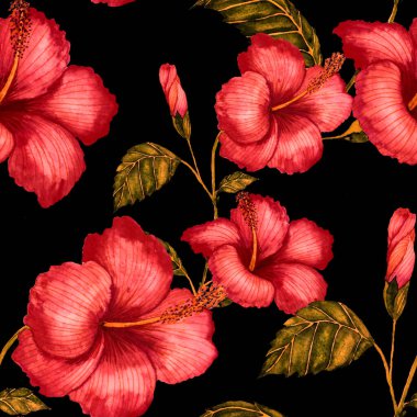 Tekstil tasarımı için suluboya tropikal yaprakları ve çiçekleri olan modern, soyut, dikişsiz desen. Geçmişe dönük parlak yaz geçmişi. Orman yaprakları çizimi. Mayo botanik tasarımı. Antika egzotik baskı.