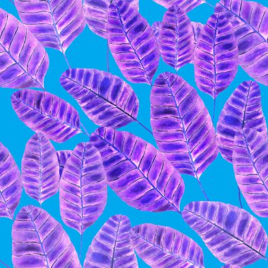 Tekstil tasarımı için suluboya tropikal yaprakları ve çiçekleri olan modern, soyut, dikişsiz desen. Geçmişe dönük parlak yaz geçmişi. Orman yaprakları çizimi. Mayo botanik tasarımı. Antika egzotik baskı.