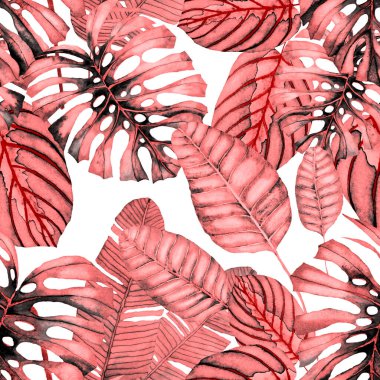Tekstil tasarımı için suluboya tropikal yaprakları ve çiçekleri olan modern, soyut, dikişsiz desen. Geçmişe dönük parlak yaz geçmişi. Orman yaprakları çizimi. Mayo botanik tasarımı. Antika egzotik baskı.