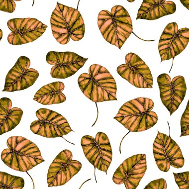 Tekstil tasarımı için suluboya tropikal yaprakları ve çiçekleri olan modern, soyut, dikişsiz desen. Geçmişe dönük parlak yaz geçmişi. Orman yaprakları çizimi. Mayo botanik tasarımı. Antika egzotik baskı.