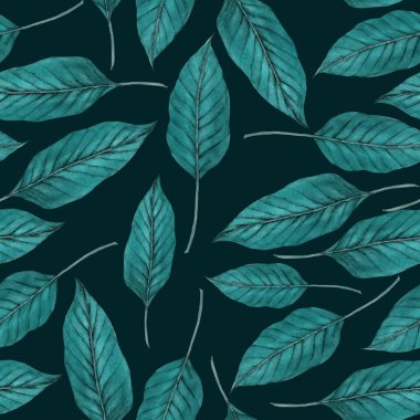 Tekstil tasarımı için suluboya tropikal yaprakları ve çiçekleri olan modern, soyut, dikişsiz desen. Geçmişe dönük parlak yaz geçmişi. Orman yaprakları çizimi. Mayo botanik tasarımı. Antika egzotik baskı.