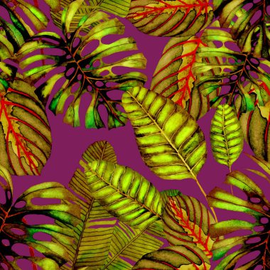 Tekstil tasarımı için suluboya tropikal yaprakları ve çiçekleri olan modern, soyut, dikişsiz desen. Geçmişe dönük parlak yaz geçmişi. Orman yaprakları çizimi. Mayo botanik tasarımı. Antika egzotik baskı.