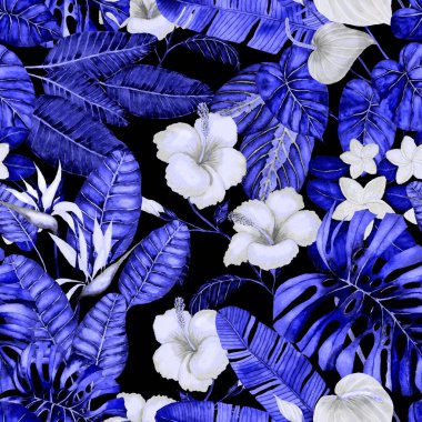 Tekstil tasarımı için suluboya tropikal yaprakları ve çiçekleri olan modern, soyut, dikişsiz desen. Geçmişe dönük parlak yaz geçmişi. Orman yaprakları çizimi. Mayo botanik tasarımı. Antika egzotik baskı.
